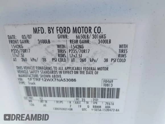 2007 Ford F-150 XL z VIN 1FTRF12WX7NA53086, wystawiony jako IAAI lot #43450854 z przebiegiem 113 918 mil mil oraz . Historia ofert i sprzedaży dostępna na DreamBid. Obrazek 9.