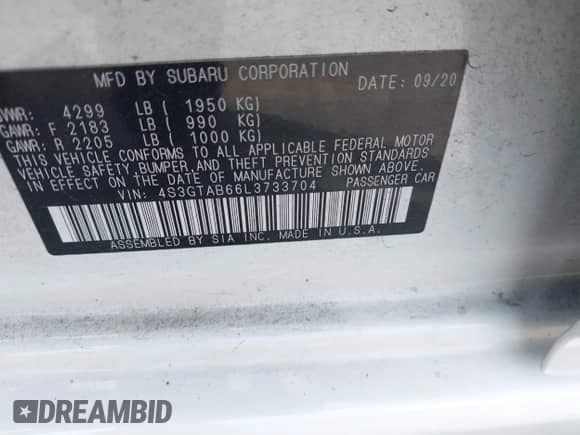2020 Subaru Impreza with VIN 4S3GTAB66L3733704, listed as a IAAI auction lot 42702347 with 29,706 mi miles and . Bid and sale history available at DreamBid. Image 9.