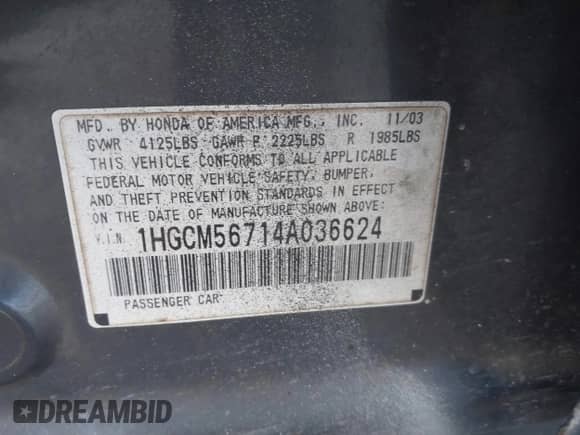 2004 Honda Accord EX with VIN 1HGCM56714A036624, listed as a IAAI auction lot 42490379 with Not provided miles and . Bid and sale history available at DreamBid. Image 9.