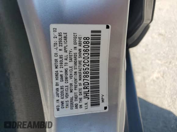 2002 Honda CR-V EX with VIN JHLRD78852C036088, listed as a Copart auction lot 70121155 with 166,996 mi miles and Salvage title. Bid and sale history available at DreamBid. Image 12.