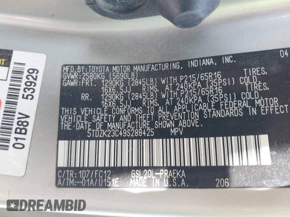 2009 Toyota Sienna CE с VIN 5TDZK23C49S288425, выставлен на аукционе IAAI как лот 42725483 с пробегом 205 158 миль миль и . История ставок и продаж доступна на DreamBid. Изображение 9.