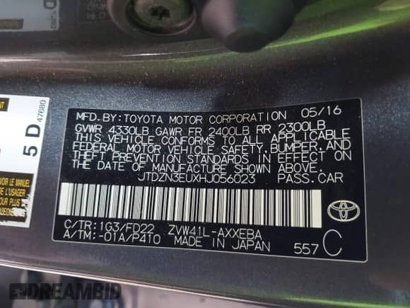 2017 Toyota Prius Five z VIN JTDZN3EUXHJ056023, wystawiony jako IAAI lot #43243393 z przebiegiem 344 830 mil mil oraz . Historia ofert i sprzedaży dostępna na DreamBid. Obrazek 9.