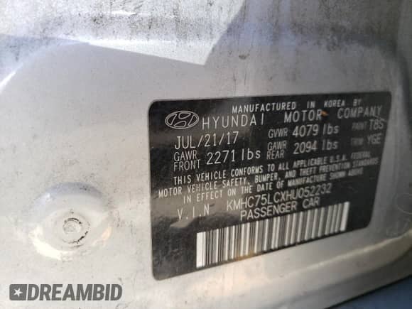 2017 Hyundai Ioniq SEL с VIN KMHC75LCXHU052232, выставлен на аукционе Copart как лот 56150644 с пробегом 113 845 миль миль и Списание • Salvage title. История ставок и продаж доступна на DreamBid. Изображение 12.