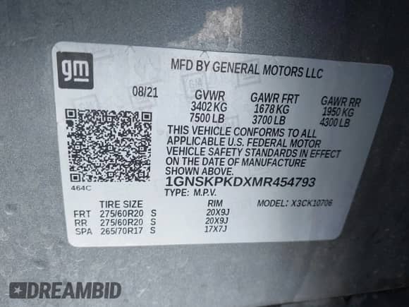 2021 Chevrolet Tahoe Z71 with VIN 1GNSKPKDXMR454793, listed as a IAAI auction lot 42688179 with 45,454 mi miles and . Bid and sale history available at DreamBid. Image 9.
