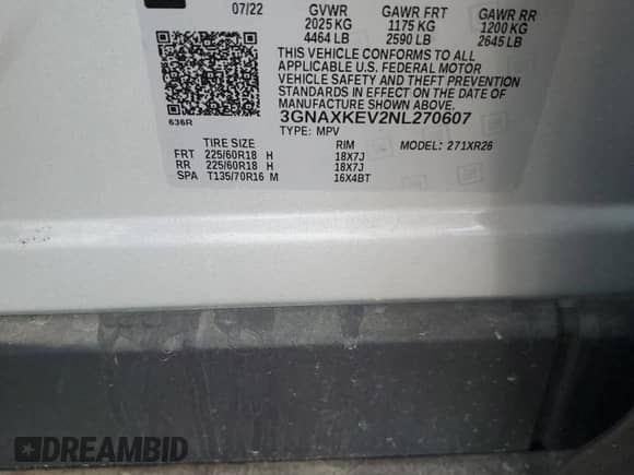 2022 Chevrolet Equinox LT с VIN 3GNAXKEV2NL270607, выставлен на аукционе Copart как лот 68251595 с пробегом Не указан миль и Списание • Salvage title. История ставок и продаж доступна на DreamBid. Изображение 12.