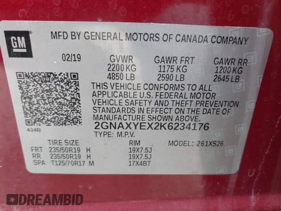 2019 Chevrolet Equinox Premier с VIN 2GNAXYEX2K6234176, выставлен на аукционе IAAI как лот 42225996 с пробегом 67 610 миль миль и . История ставок и продаж доступна на DreamBid. Изображение 9.