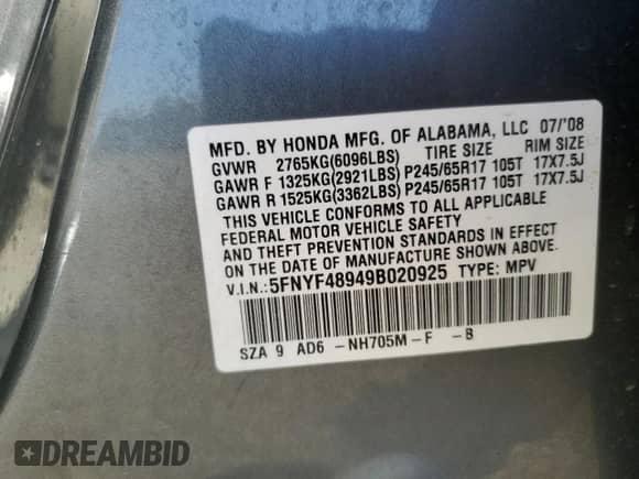 2009 Honda Pilot Touring with VIN 5FNYF48949B020925, listed as a Copart auction lot 81950155 with 224,971 mi miles and Clean title. Bid and sale history available at DreamBid. Image 13.