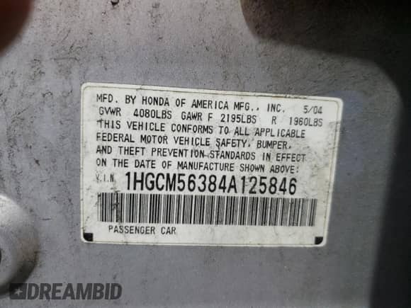 2004 Honda Accord LX z VIN 1HGCM56384A125846, wystawiony jako Copart lot #56747185 z przebiegiem 254 541 mil mil oraz Czysty tytuł • Clean title. Historia ofert i sprzedaży dostępna na DreamBid. Obrazek 12.