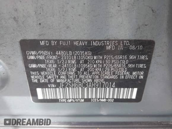 2010 Subaru Forester X with VIN JF2SH6BC3AH917014, listed as a IAAI auction lot 43577097 with 167,640 mi miles and . Bid and sale history available at DreamBid. Image 9.