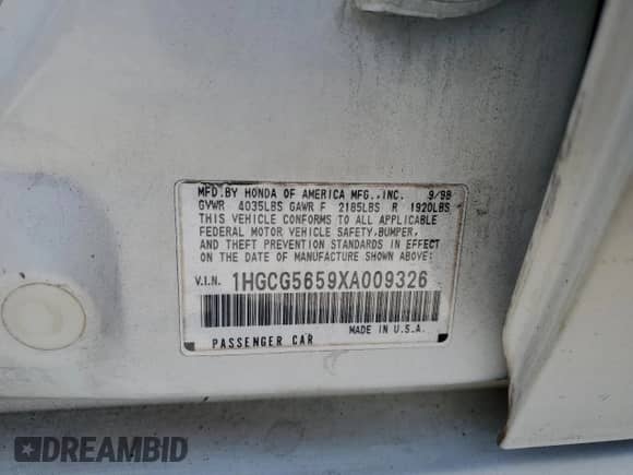 1999 Honda Accord EX with VIN 1HGCG5659XA009326, listed as a Copart auction lot 71411405 with Not provided miles and Salvage title. Bid and sale history available at DreamBid. Image 12.