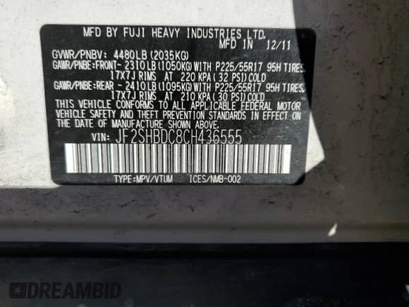 2012 Subaru Forester X Premium z VIN JF2SHBDC8CH436555, wystawiony jako Copart lot #83978195 z przebiegiem 139 737 mil mil oraz Szkoda całkowita • Salvage title. Historia ofert i sprzedaży dostępna na DreamBid. Obrazek 13.