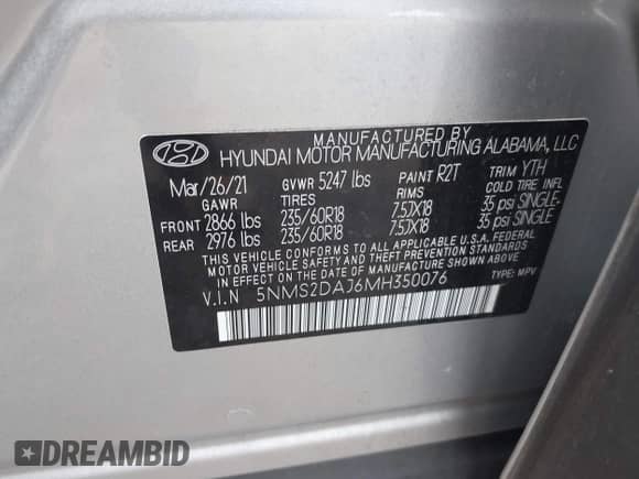 2021 Hyundai Santa Fe SEL z VIN 5NMS2DAJ6MH350076, wystawiony jako IAAI lot #43116374 z przebiegiem 45 457 mil mil oraz . Historia ofert i sprzedaży dostępna na DreamBid. Obrazek 9.