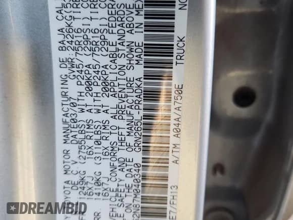 2007 Toyota Tacoma PreRunner with VIN 3TMJU62N87M040340, listed as a Copart auction lot 86103645 with Not provided miles and Salvage title. Bid and sale history available at DreamBid. Image 13.