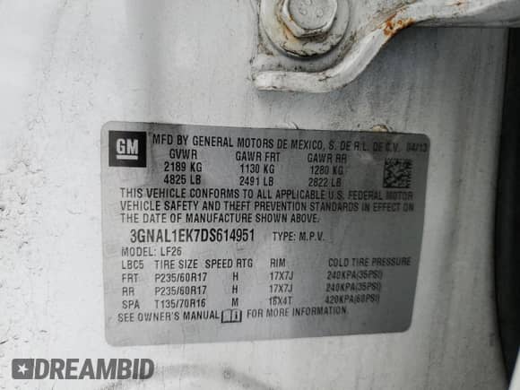 2013 Chevrolet Captiva Sport LS with VIN 3GNAL1EK7DS614951, listed as a Copart auction lot 86530694 with 134,131 mi miles and Salvage title. Bid and sale history available at DreamBid. Image 13.