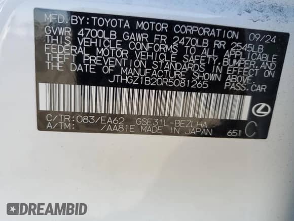 2024 Lexus IS 350 F Sport with VIN JTHGZ1B20R5081265, listed as a Copart auction lot 81801635 with 3,511 mi miles and Salvage title. Bid and sale history available at DreamBid. Image 12.