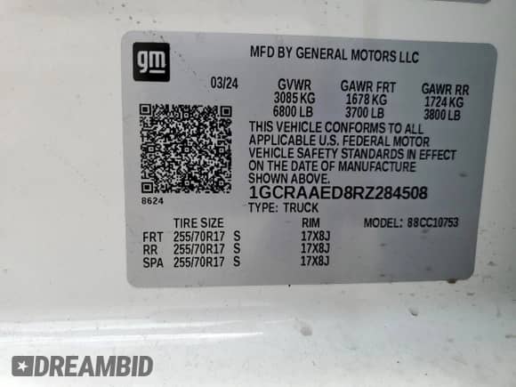 2024 Chevrolet Silverado 1500 Work Truck with VIN 1GCRAAED8RZ284508, listed as a Copart auction lot 65222185 with 17,575 mi miles and Salvage title. Bid and sale history available at DreamBid. Image 12.