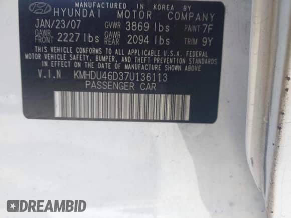 2007 Hyundai Elantra GLS с VIN KMHDU46D37U136113, выставлен на аукционе IAAI как лот 41808116 с пробегом 163 173 миль миль и . История ставок и продаж доступна на DreamBid. Изображение 9.