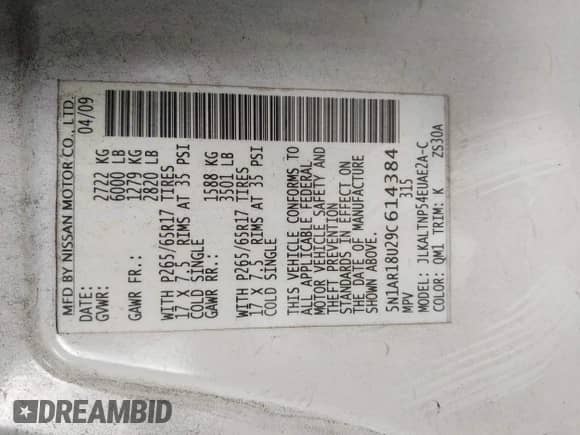 2009 Nissan Pathfinder SE с VIN 5N1AR18U29C614384, выставлен на аукционе IAAI как лот 43531896 с пробегом 212 096 миль миль и . История ставок и продаж доступна на DreamBid. Изображение 9.