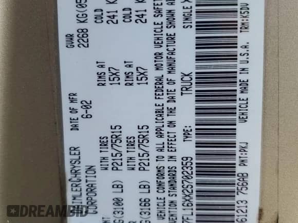 2002 Dodge Dakota z VIN 1B7FL16XX2S702359, wystawiony jako Copart lot #43026735 z przebiegiem 103 633 mil mil oraz Szkoda całkowita • Salvage title. Historia ofert i sprzedaży dostępna na DreamBid. Obrazek 12.