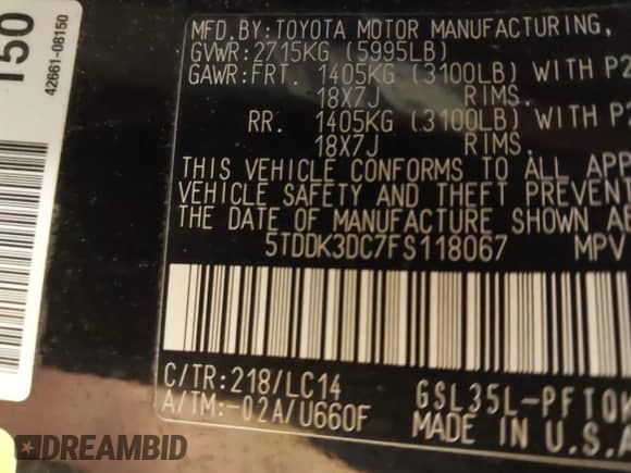 2015 Toyota Sienna Limited with VIN 5TDDK3DC7FS118067, listed as a IAAI auction lot 43223594 with 134,147 mi miles and . Bid and sale history available at DreamBid. Image 9.