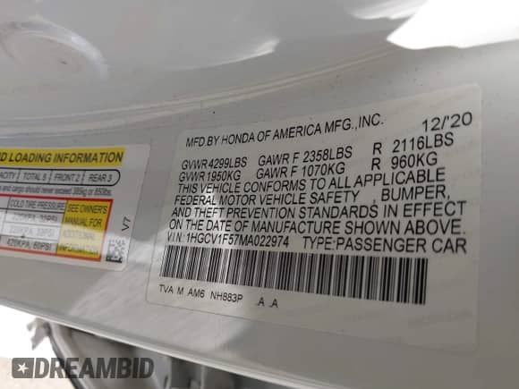 2021 Honda Accord EX-L with VIN 1HGCV1F57MA022974, listed as a IAAI auction lot 42977160 with 42,999 mi miles and . Bid and sale history available at DreamBid. Image 9.