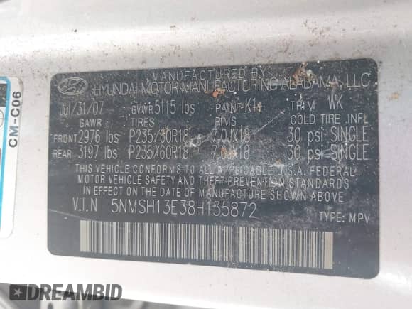 2008 Hyundai Santa Fe SE с VIN 5NMSH13E38H135872, выставлен на аукционе IAAI как лот 43025102 с пробегом 211 947 миль миль и . История ставок и продаж доступна на DreamBid. Изображение 9.