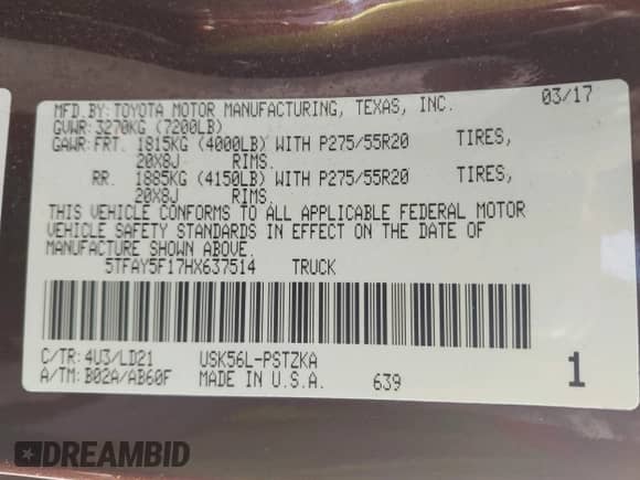 2017 Toyota Tundra Platinum с VIN 5TFAY5F17HX637514, выставлен на аукционе IAAI как лот 41519362 с пробегом 152 935 миль миль и . История ставок и продаж доступна на DreamBid. Изображение 9.