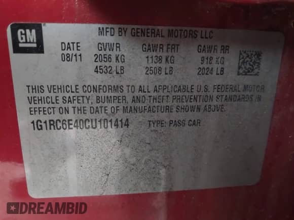 2012 Chevrolet Volt with VIN 1G1RC6E40CU101414, listed as a IAAI auction lot 43223394 with Not provided miles and . Bid and sale history available at DreamBid. Image 9.