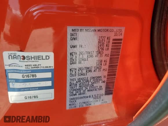 2025 Nissan Frontier Pro-4X with VIN 1N6ED1EK9SN615210, listed as a Copart auction lot 66765225 with 19,984 mi miles and Salvage title. Bid and sale history available at DreamBid. Image 12.