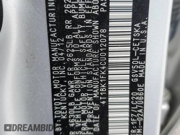 2012 Toyota Camry SE with VIN 4T1BK1FK4CU012078, listed as a Copart auction lot 62339084 with 80,240 mi miles and Salvage title. Bid and sale history available at DreamBid. Image 13.