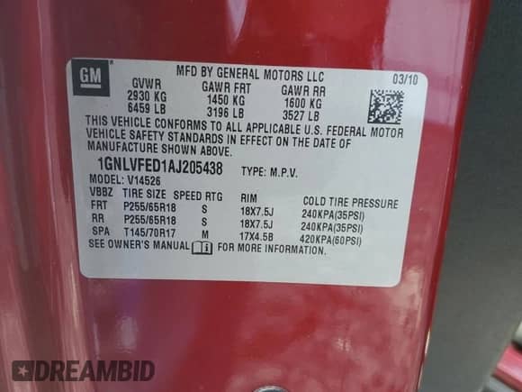 2010 Chevrolet Traverse 1LT с VIN 1GNLVFED1AJ205438, выставлен на аукционе Copart как лот 80445835 с пробегом Не указан миль и Списание • Salvage title. История ставок и продаж доступна на DreamBid. Изображение 13.