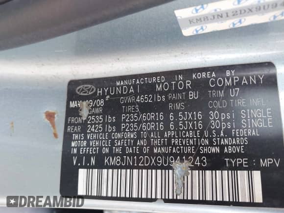 2009 Hyundai Tucson SE with VIN KM8JN12DX9U941243, listed as a IAAI auction lot 42933596 with 163,123 mi miles and . Bid and sale history available at DreamBid. Image 9.