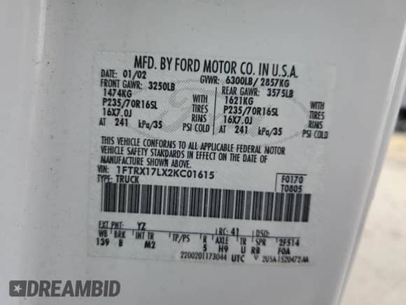 2002 Ford F-150 XL with VIN 1FTRX17LX2KC01615, listed as a Copart auction lot 85391495 with 176,921 mi miles and Salvage title. Bid and sale history available at DreamBid. Image 13.
