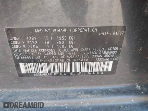 2017 Subaru Impreza Premium с VIN 4S3GKAB62H3615840, выставлен на аукционе IAAI как лот 43318336 с пробегом 248 367 миль миль и . История ставок и продаж доступна на DreamBid. Изображение 9.