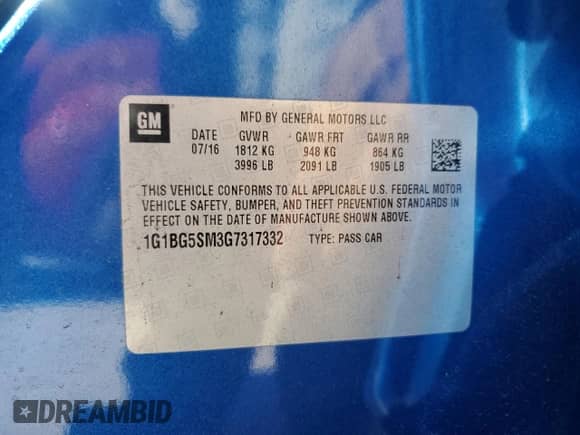 2016 Chevrolet Cruze Premier with VIN 1G1BG5SM3G7317332, listed as a Copart auction lot 85497275 with 44,848 mi miles and Salvage title. Bid and sale history available at DreamBid. Image 12.