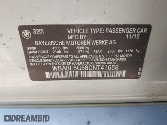 2016 BMW 3 Series 320i xDrive z VIN WBA8E5G58GNT41658, wystawiony jako IAAI lot #43407978 z przebiegiem 117 880 mil mil oraz . Historia ofert i sprzedaży dostępna na DreamBid. Obrazek 9.