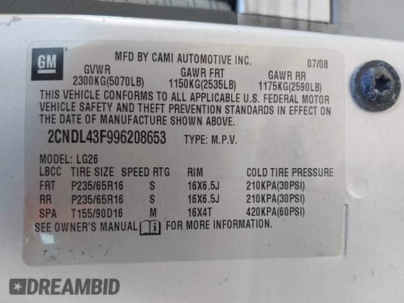 2009 Chevrolet Equinox 1LT z VIN 2CNDL43F996208653, wystawiony jako IAAI lot #42468187 z przebiegiem 274 899 mil mil oraz . Historia ofert i sprzedaży dostępna na DreamBid. Obrazek 9.
