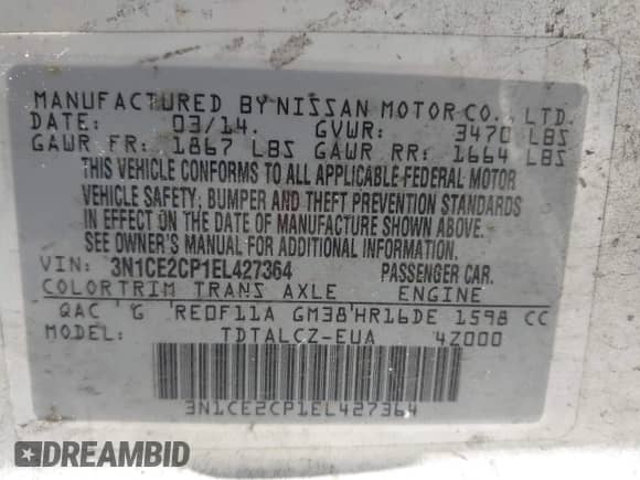 2014 Nissan Note SV z VIN 3N1CE2CP1EL427364, wystawiony jako IAAI lot #42678715 z przebiegiem 106 850 mil mil oraz . Historia ofert i sprzedaży dostępna na DreamBid. Obrazek 9.