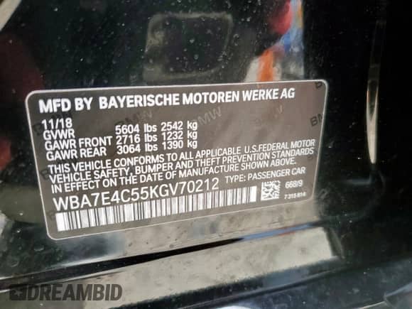 2019 BMW 7 Series 740i xDrive z VIN WBA7E4C55KGV70212, wystawiony jako Copart lot #67628615 z przebiegiem 48 408 mil mil oraz Szkoda całkowita • Salvage title. Historia ofert i sprzedaży dostępna na DreamBid. Obrazek 12.