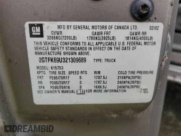 2002 GMC Sierra 1500 Denali z VIN 2GTFK69U321309689, wystawiony jako Copart lot #60267695 z przebiegiem 351 508 mil mil oraz Czysty tytuł • Clean title. Historia ofert i sprzedaży dostępna na DreamBid. Obrazek 12.