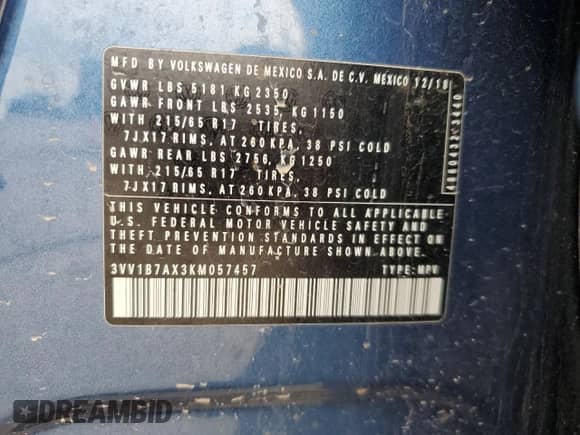 2019 Volkswagen Tiguan S с VIN 3VV1B7AX3KM057457, выставлен на аукционе Copart как лот 71916555 с пробегом 105 736 миль миль и Списание • Salvage title. История ставок и продаж доступна на DreamBid. Изображение 14.