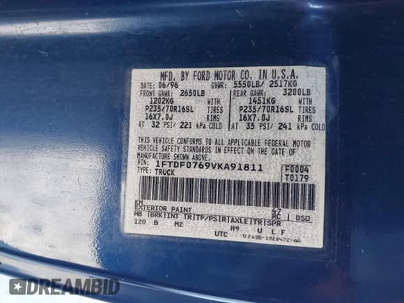 1997 Ford F-150 XL with VIN 1FTDF0769VKA91811, listed as a IAAI auction lot 41650349 with 294,028 mi miles and . Bid and sale history available at DreamBid. Image 9.