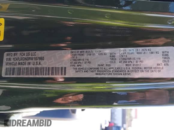 2024 Jeep Wrangler Sport S with VIN 1C4PJXDN0RW107960, listed as a IAAI auction lot 43155437 with 9,103 mi miles and . Bid and sale history available at DreamBid. Image 9.