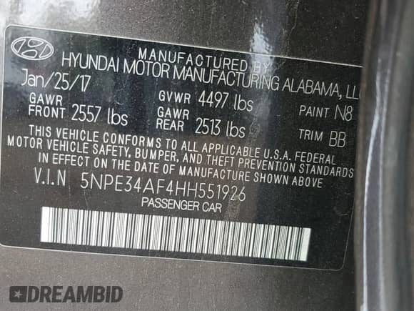 2017 Hyundai Sonata Sport with VIN 5NPE34AF4HH551926, listed as a Copart auction lot 80646275 with 60,840 mi miles and Salvage title. Bid and sale history available at DreamBid. Image 13.