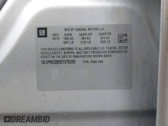 2014 Chevrolet Cruze ECO with VIN 1G1PH5SB6E7376289, listed as a IAAI auction lot 42872534 with 103,474 mi miles and . Bid and sale history available at DreamBid. Image 9.