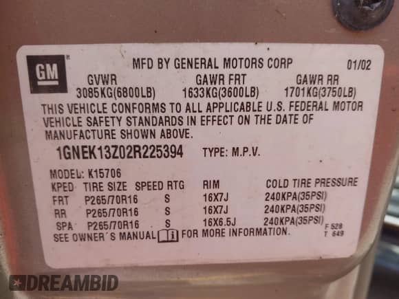 2002 Chevrolet Tahoe Z71 with VIN 1GNEK13Z02R225394, listed as a IAAI auction lot 43039699 with Not provided miles and . Bid and sale history available at DreamBid. Image 9.