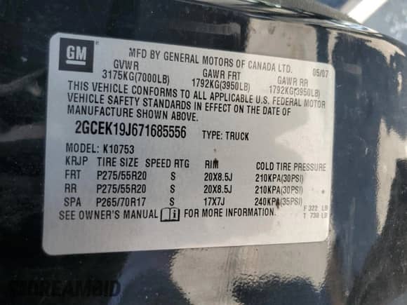 2007 Chevrolet Silverado 1500 1LT z VIN 2GCEK19J671685556, wystawiony jako Copart lot #62690375 z przebiegiem 209 541 mil mil oraz Szkoda całkowita • Salvage title. Historia ofert i sprzedaży dostępna na DreamBid. Obrazek 12.