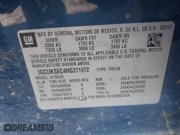 2017 Chevrolet Silverado 1500 LTZ with VIN 3GCUKSEC4HG371972, listed as a IAAI auction lot 41696294 with 123,297 mi miles and . Bid and sale history available at DreamBid. Image 9.