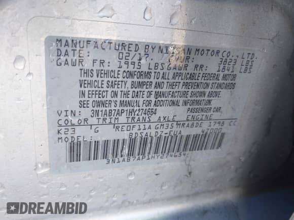 2017 Nissan Sentra SR with VIN 3N1AB7AP1HY274654, listed as a IAAI auction lot 43469256 with 52,285 mi miles and . Bid and sale history available at DreamBid. Image 9.