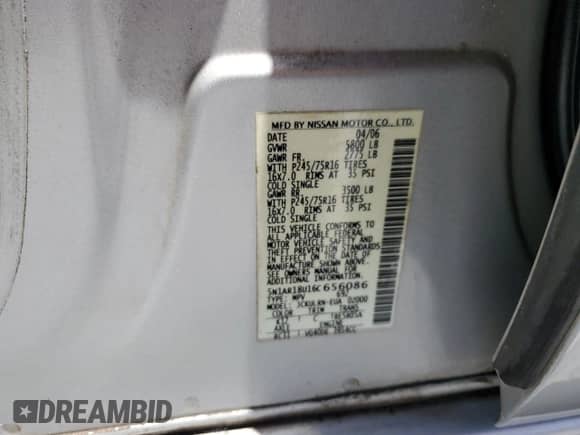 2006 Nissan Pathfinder S with VIN 5N1AR18U16C656086, listed as a Copart auction lot 58684965 with 83,503 mi miles and Salvage title. Bid and sale history available at DreamBid. Image 13.